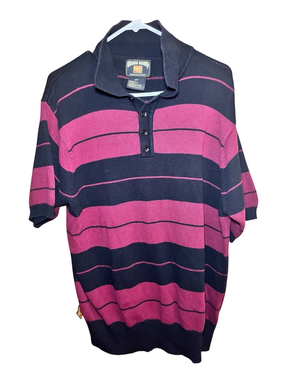 Striped Short-Sleeve Polo in Black & Magenta